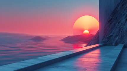 Digital art of a surreal sunset by the seaside - obrazy, fototapety, plakaty