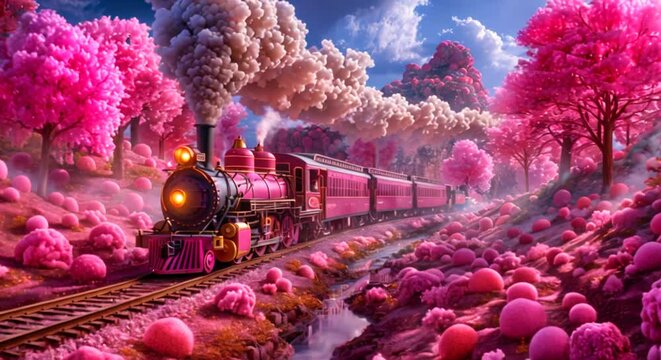 Whimsical candy train chugging through a colorful fantasy landscape