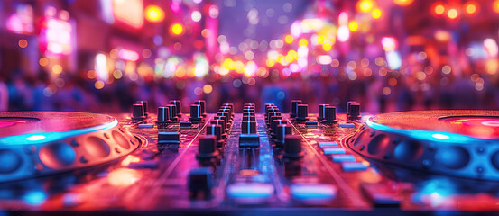 DJ console at night party music dance event