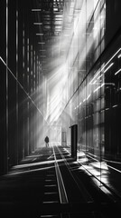 Silhouette of a person walking in a futuristic corridor with light rays