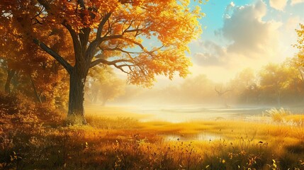 Sun-drenched landscape with a warm glow, creating a serene and peaceful scene


 - obrazy, fototapety, plakaty