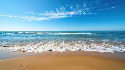 Sunny summer day at the beach with clear blue skies, sand, and ocean waves


