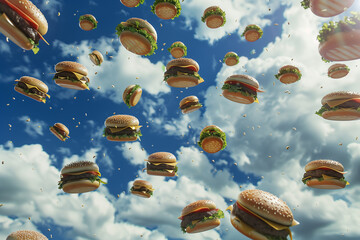 Burgers floating on sky with clouds. Generative AI image.