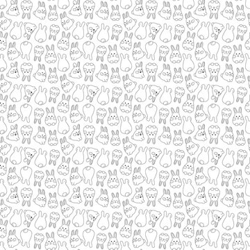 Seamless pattern with 5 different cute Easter bunnies. Doodle vector illustration.