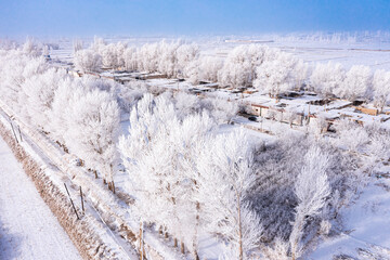 Aerial view of rime snow in Jiuquan, Gansu Province, China
