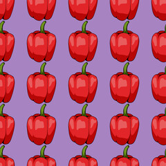 Seamless pattern with big red peppers on lilac background. Vector image.