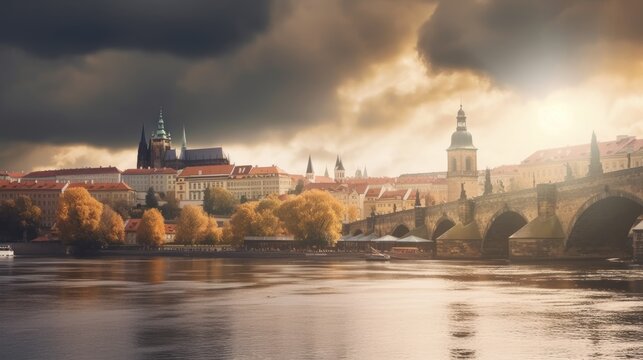 Prague City in Czech Republic with St Vitus Cathedral and Historical Buildings in Sunlight. Houses and Vltava River with Charles Bridge Before Storm.