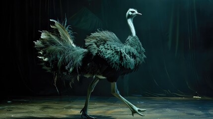 A single ostrich strutting across the stage with feathers fluffed, exuding confidence.