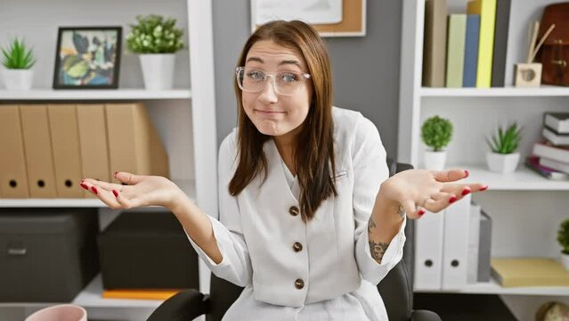 Clueless young brunette girl at office, arms raised, confused expression over laptop