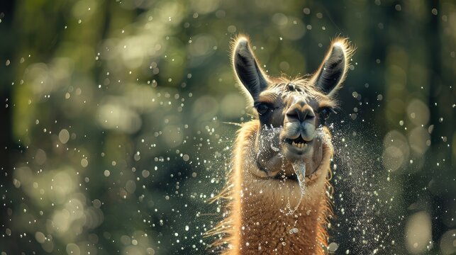 A single llama spitting water into the air in a playful display of humor.