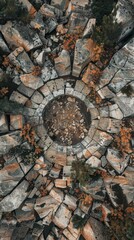 Aerial view of a stone quarry with circular patterns