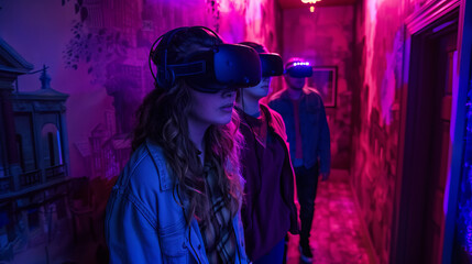 Female in a virtual reality headset exploring a haunted house with vibrant pink and purple lighting