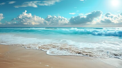 Tranquil beach scene with sand, waves, and a peaceful atmosphere


