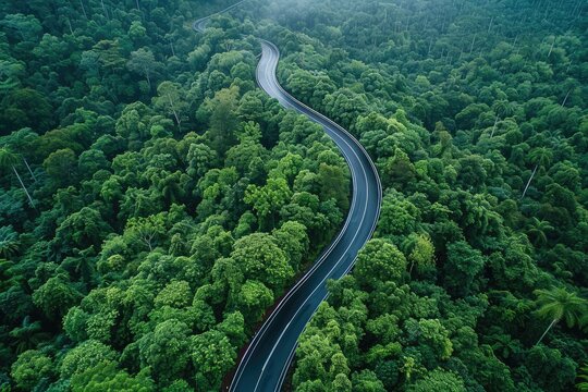 A winding road through a lush forest. The road is surrounded by trees and the sky is cloudy