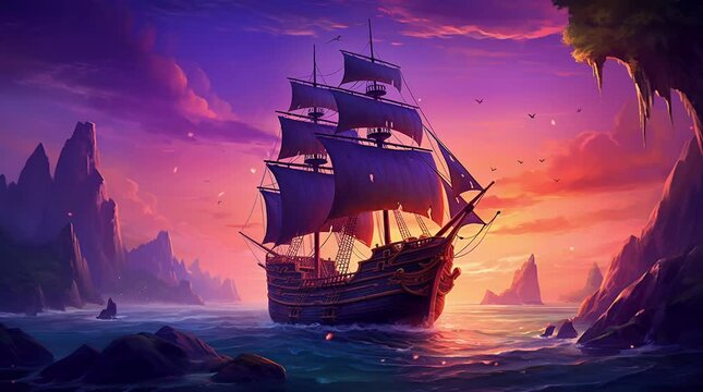 Majestic pirate ship sailing on calm ocean waters under a stunning sunset sky
 Seamless looping 4k time-lapse virtual video animation background. Generated AI