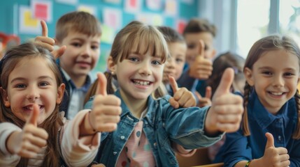 Happy children smiling and laughing in the classroom, showing thumb up, successful pupils and teacher  - obrazy, fototapety, plakaty