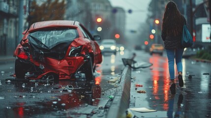 Car crash on a wet road, a red car's backend severely damaged in a crash on a wet street as a woman walks away in rain