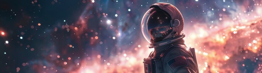 banner of an astronaut floating in space observing stars, galaxies - obrazy, fototapety, plakaty