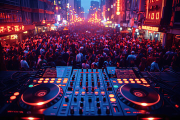 DJ mixer with turntable in booth at night party in music street festival