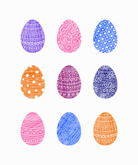 A set of colourful ornate eggs. Easter icons with hand drawn pattern. Vector illustration