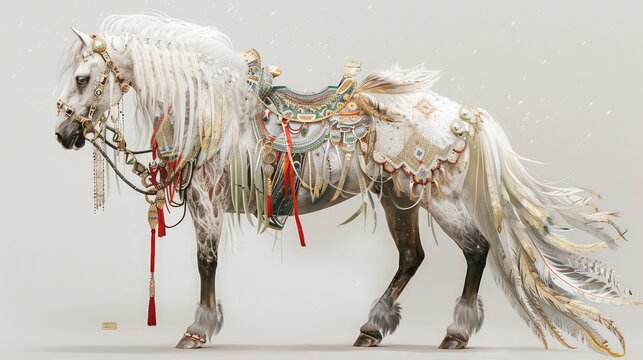 A regal horse adorned with feathers and ribbons, a picture of elegance against a pure white background.