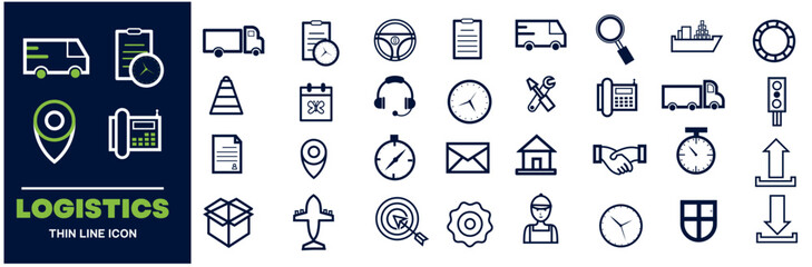 Logistics icon set. Containing distribution, shipping, transportation, delivery, cargo, freight, route planning, supply chain, export and import icons. Solid icon collection. - obrazy, fototapety, plakaty
