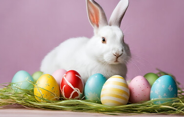 Fototapeta na wymiar A bunny sits among easter eggs and a basket of easter eggs 