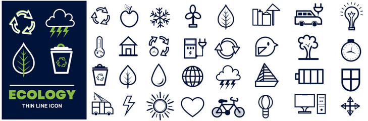 Ecology icon set, thin line icons related to sustainability, environmental, ecological, recyling, green, organic, industry. Linear ecology symbol collection. vector illustration. Editable stroke