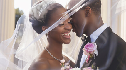 A bride and groom are affectionately touching foreheads, smiling on their wedding day. - obrazy, fototapety, plakaty