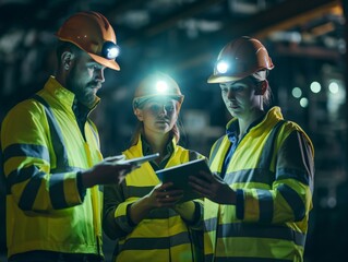 Three workers in high visibility safety gear discussing over a tablet in an industrial setting. - obrazy, fototapety, plakaty