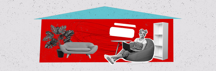 Composite panoramic photo collage of happy girl sit home work freelance beanbag laptop sofa plant...