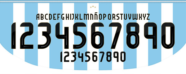 new font vector team south american national team 2024, argentina font. messi. kit sport style font. football style font with lines and points inside, sports style letters and numbers for soccer team © Ozymandias1927