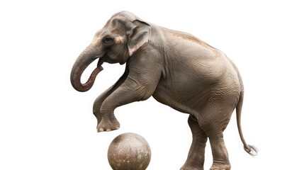 A playful elephant balancing on a ball, its trunk curled in delight against a pure white background.