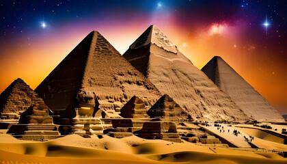 A photo of the pyramids in Egypt at night with stars in the sky - obrazy, fototapety, plakaty