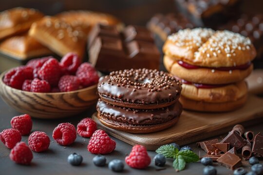 Close-up image of various desserts like chocolate donuts, raspberry, blueberries, and cream buns on a wooden table