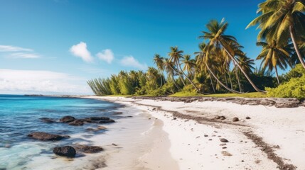 Coconut palms on the beach of a desert island near Tahiti in French Polynesia - obrazy, fototapety, plakaty