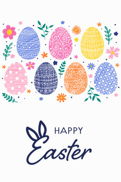 Happy Easter. Greeting card with decorations. Background with painted eggs and flowers. Vector illustration