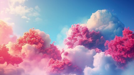 Różowe drzewa i chmury na niebie. Tło wyobraźni i kreatywności - obrazy, fototapety, plakaty