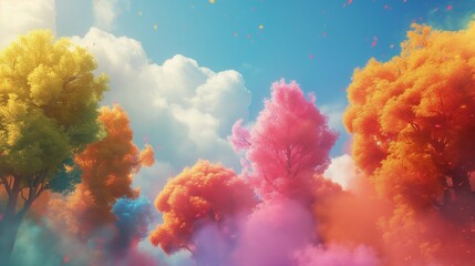 Grupa kolorowych drzew na tle nieba i chmur - obrazy, fototapety, plakaty