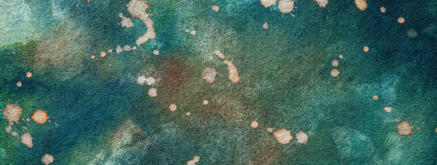 Abstract art background dark emerald and green colors. Watercolor painting on canvas with soft teal gradient.