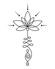 Lotus with unalome tatto. Vector illustration.