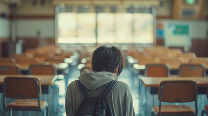 A young male student lost in thought, sitting in a classroom setting with her peers blurred in the background, reflecting a moment of introspection. concept of bullying among teenagers - obrazy, fototapety, plakaty