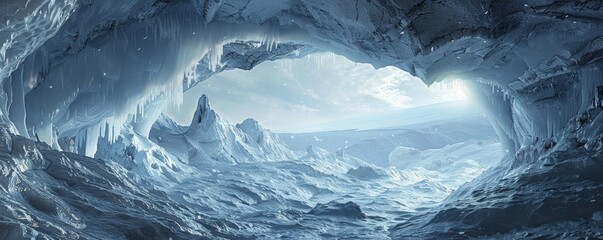 Ice cave with a view of the arctic seascape