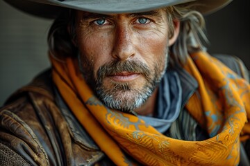 Close-up portrait of a rugged man wearing a cowboy hat and bandana, exuding toughness and wisdom - obrazy, fototapety, plakaty