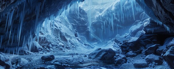 Ice cave with frozen stalactites and stalagmites - obrazy, fototapety, plakaty