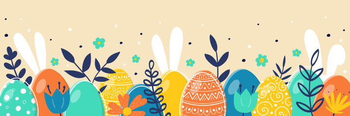 Hand painted Easter eggs, bunnies, and flowers. Abstract banner. Panoramic header. Vector illustration