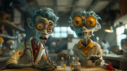 3D animated zombie and doctor duo creating a vaccine