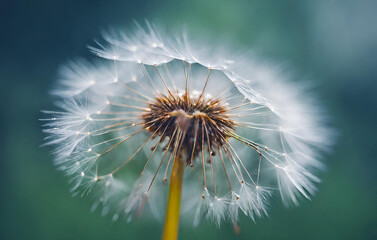Dandelion with seeds in nature and small bright white flower on blurred green background generative ai
