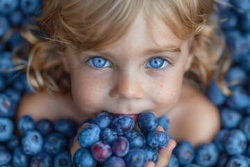 Fototapeta na wymiar Close-up portrait of a toddler nibbling on blueberries with eyes focused intently, evoking curiosity