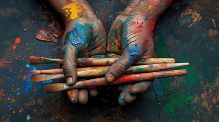 Dwie ręce, pokryte kolorowymi pigmentami, trzymają pędzle wykonane z drewna, gotowe do malowania. - obrazy, fototapety, plakaty